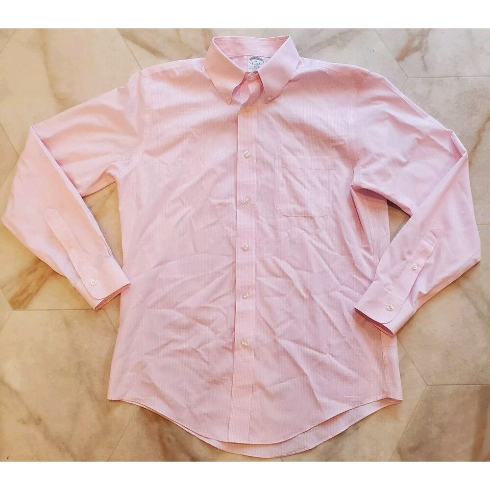 Brooks Brothers REGENT Men's Medium Pink Check Casual Button Up Dress Shirt